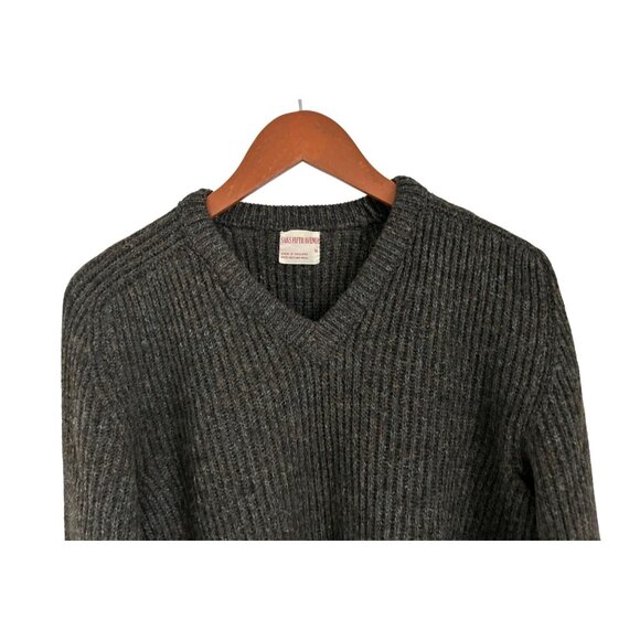 Saks 5th Avenue Heather Green V-Neck Sweater Shetland Wool Ribbed Knit Made In E - Picture 2 of 5